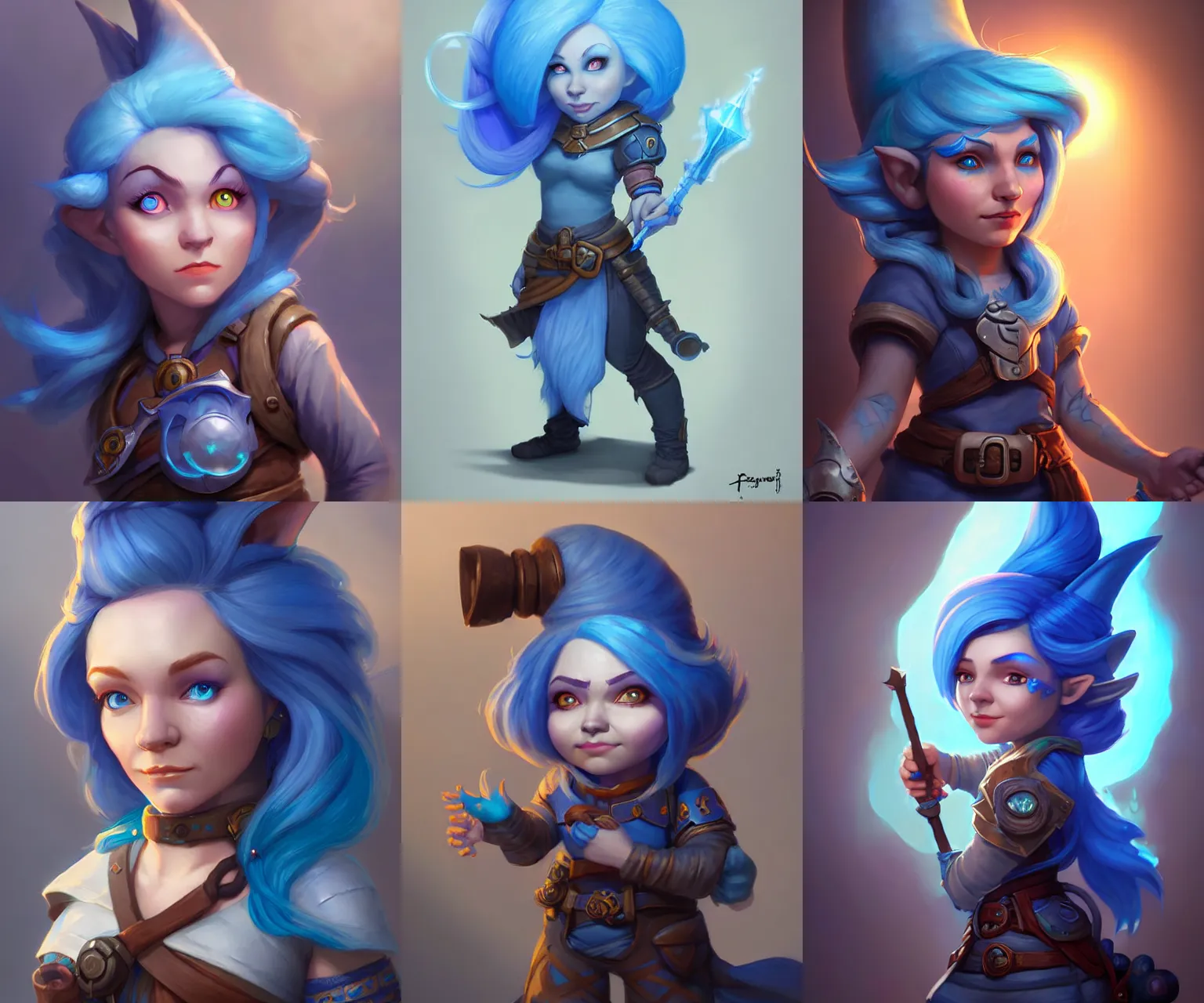 KREA - female gnome artificer with blue hair, young adult, beautiful, dnd character art portrait ...