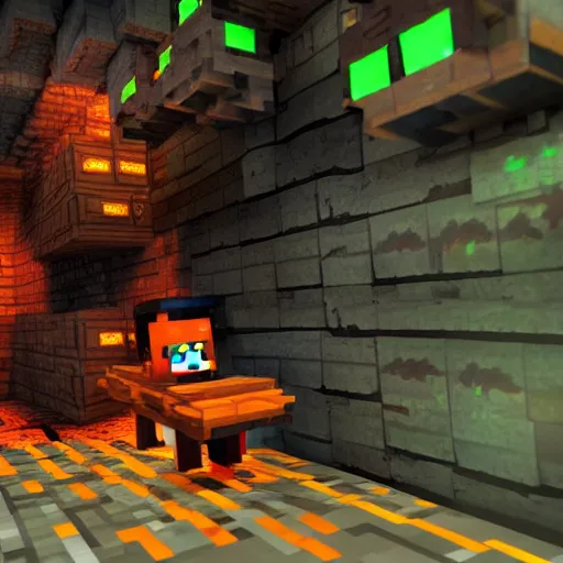 KREA A zombie miner with glowing eyes in a minecart drives through a