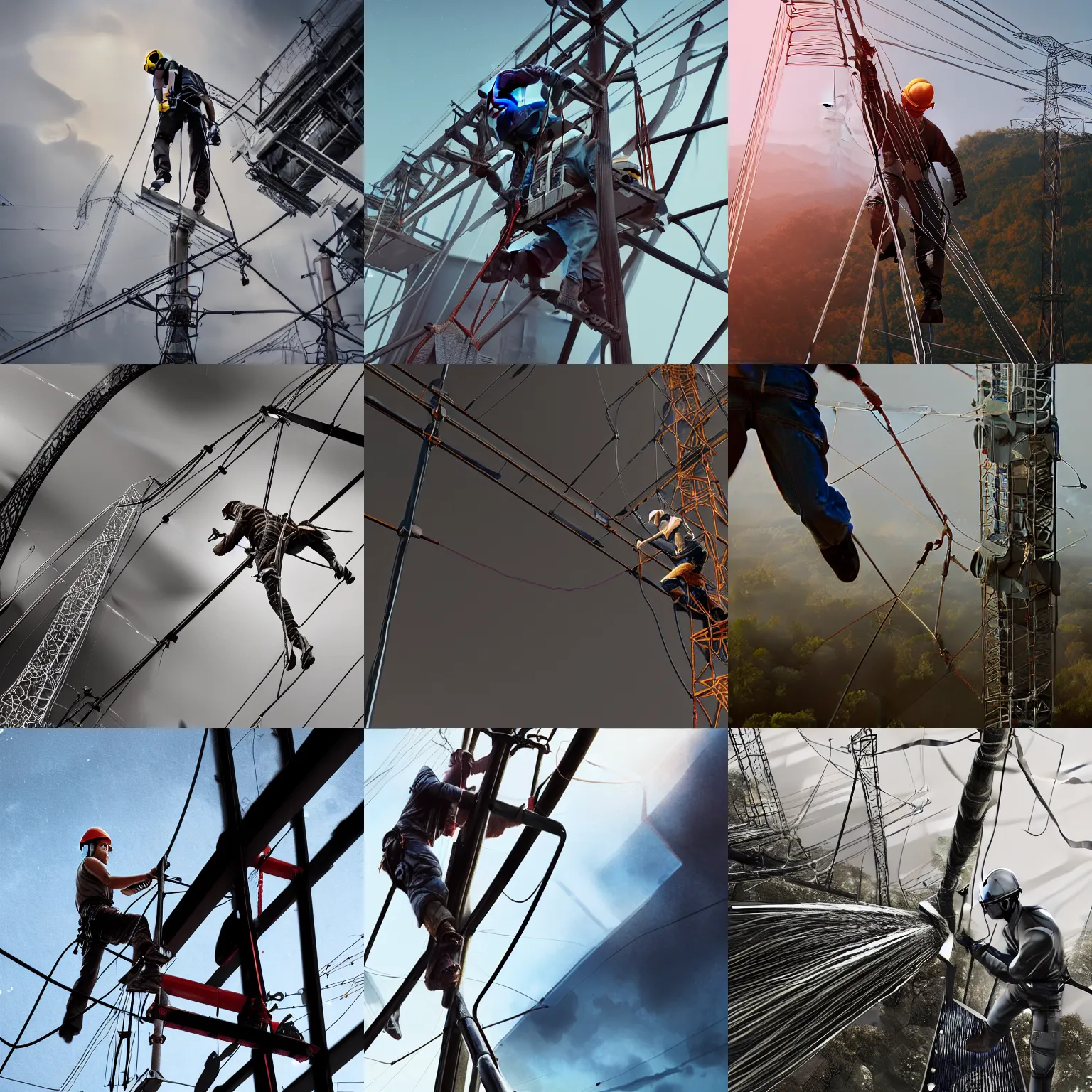 KREA engineer climbing a power transmission line support, high tech