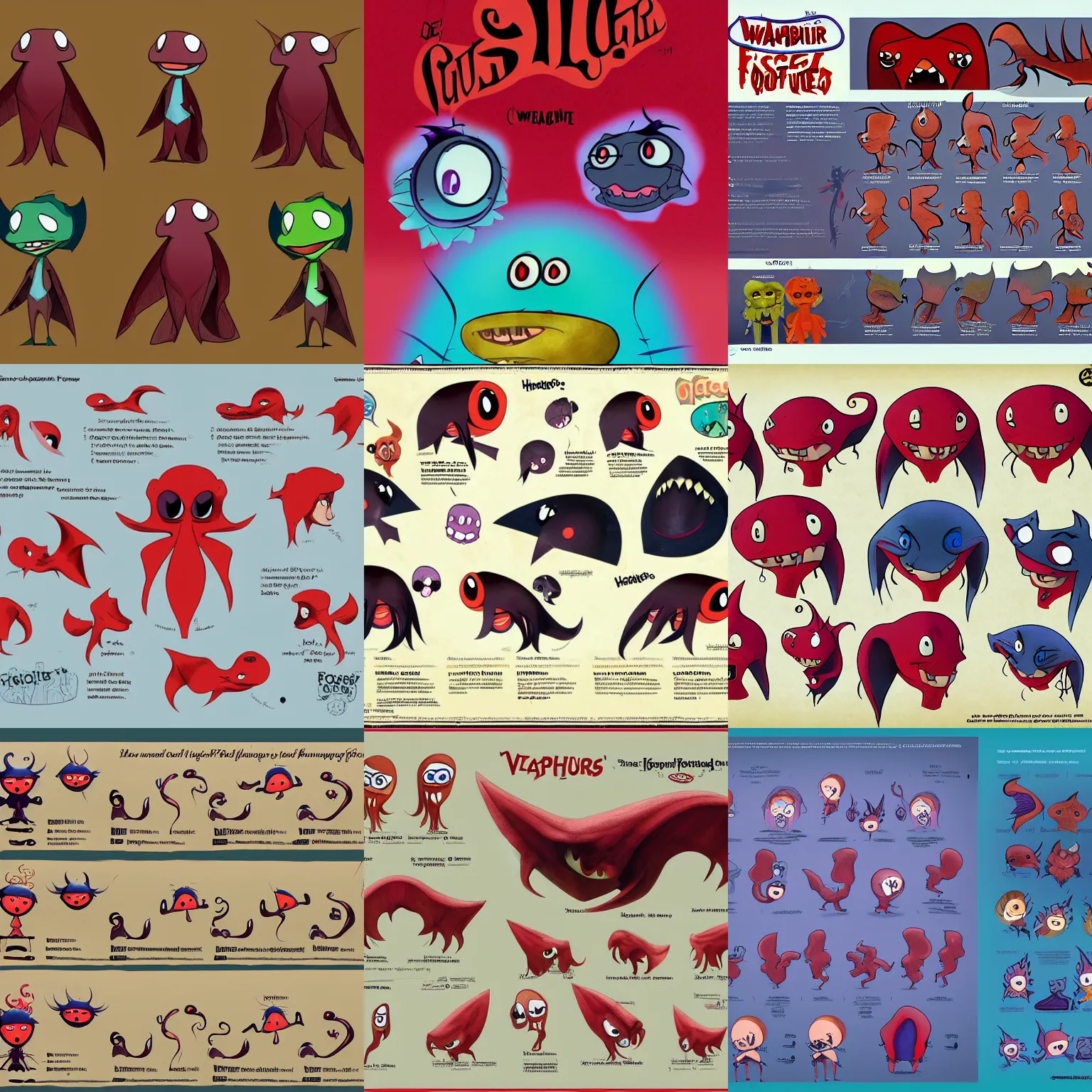 KREA - A vampire squid imaginary friend character design sheet for the