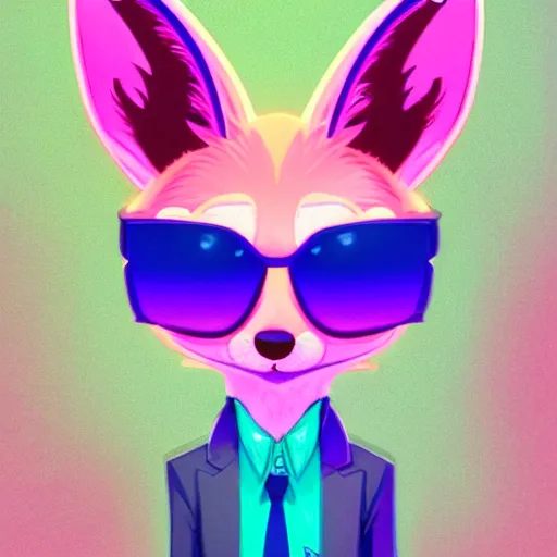 KREA fennec fox,neon pink, palm trees, furry, cute, smug facial