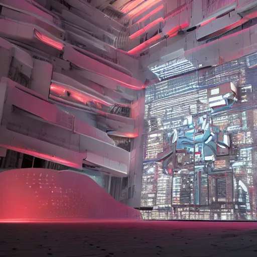 KREA scifi motherboard wall structure and digital billboard in the