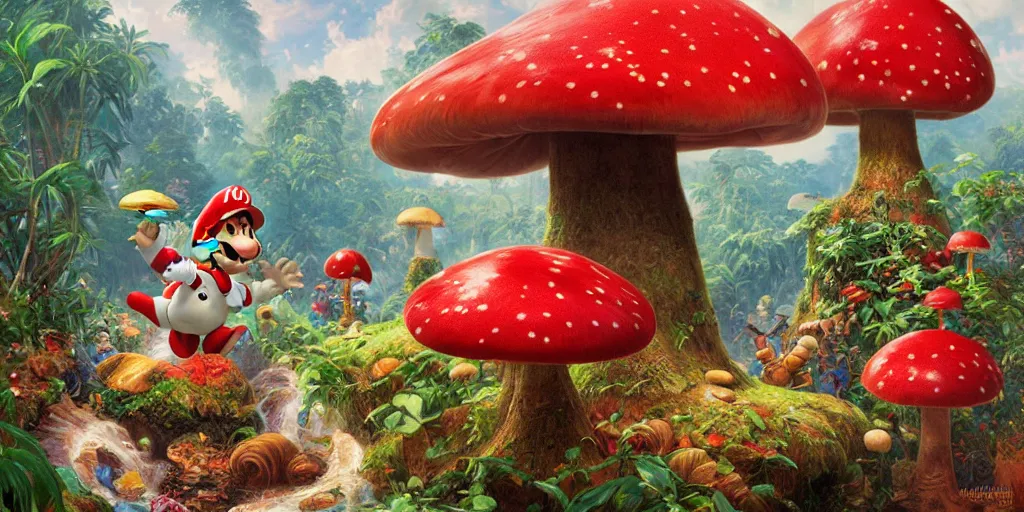 KREA Yoshi jumping out of Warp pipe, jungle landscape, Mushroom Kingdom, Super Mario Theme