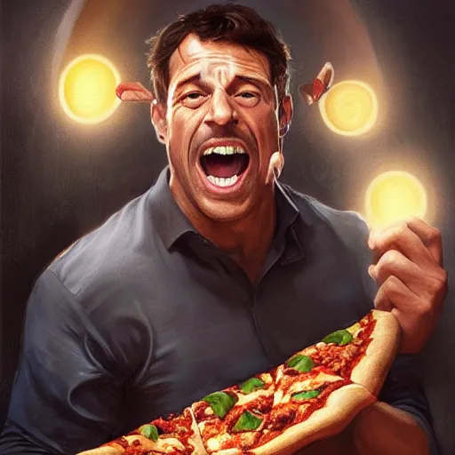 KREA portrait of Tony Robbins opening his mouth to eat pizza, also