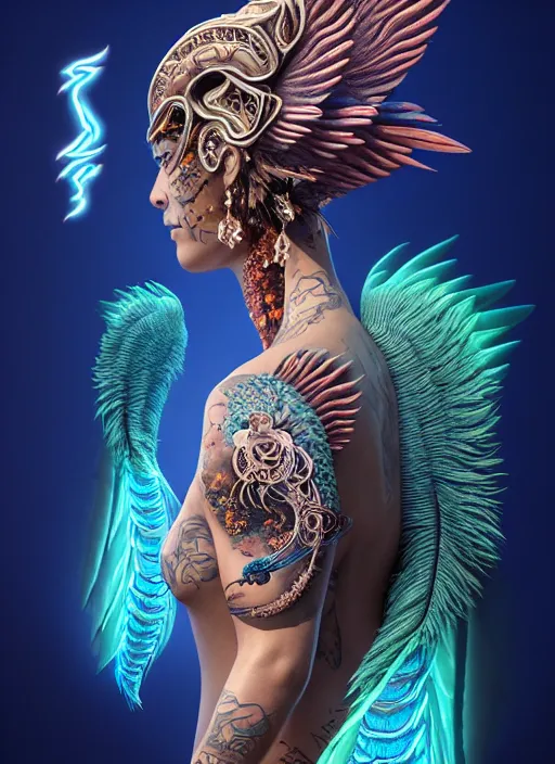 KREA - 3 d goddess with tattoos profile portrait, sigma 5 0 0 mm f / 5. beautiful intricate highly detailed quetzalcoatl skull and feathers. bioluminescent, plasma, lava, ice, water, wind, creature,