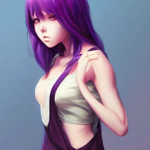 beautiful anime girl, hourglass slim figure, purple hair and attractive features, tight fitted tank top, full beautiful anime girl, hourglass slim figure, purple hair and attractive features, tight fitted tank top, full