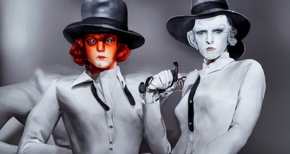 a closeup shot of a clockwork orange female droog gang