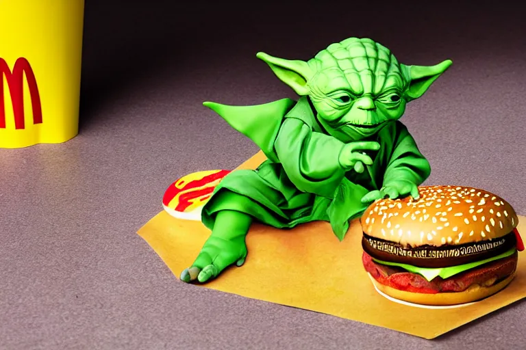 KREA yoda, upset, yoda sitting behind a table inside mcdonald's