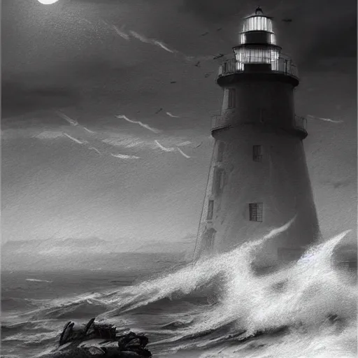 KREA lighthouse, ocean, two loons, crashing waves, light, black and