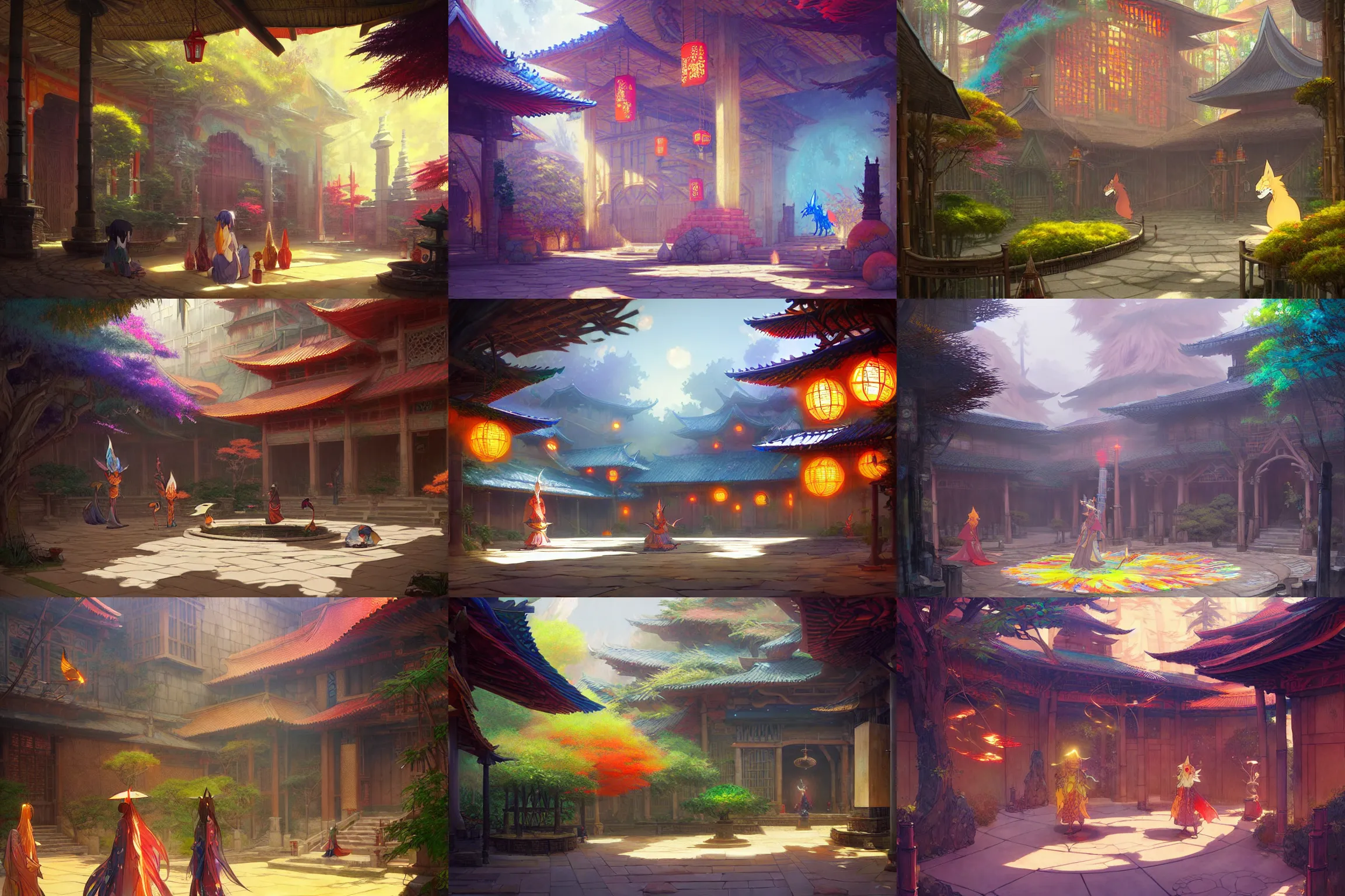 KREA courtyard of a colorful kitsune wizard college, anime, bamboo, a