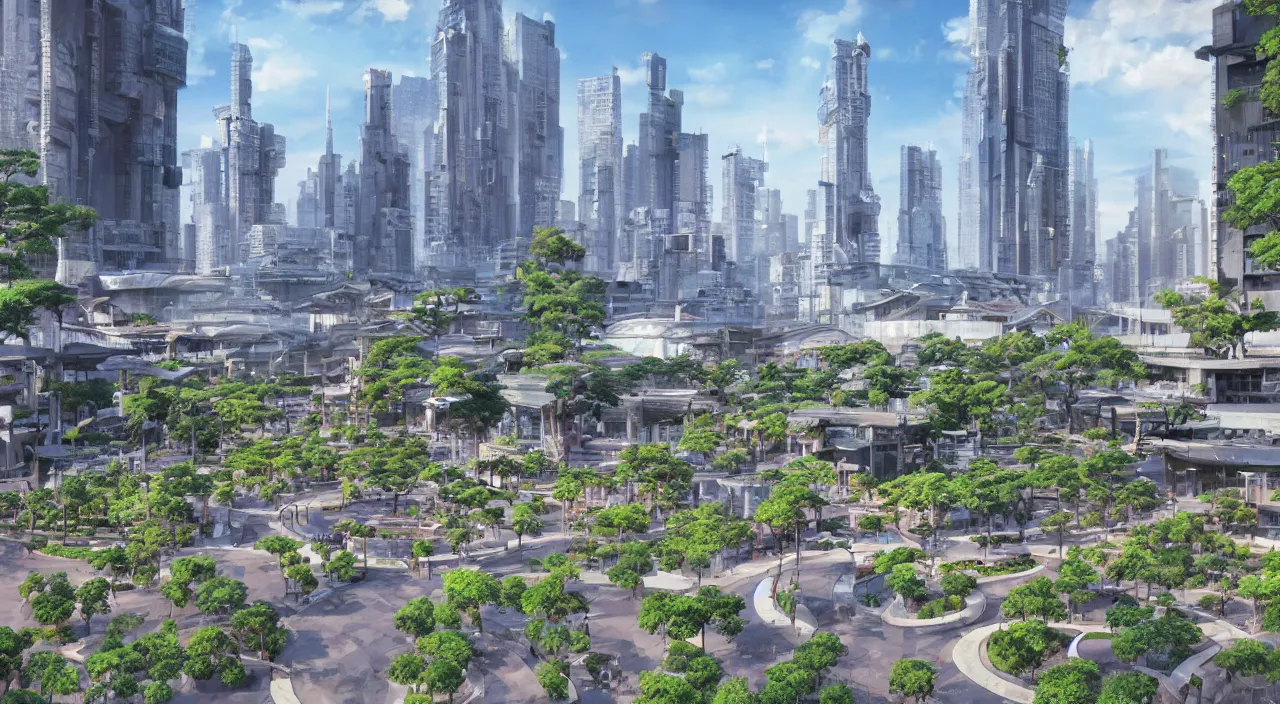 KREA plaza with water fountains, neo tokyo, futuristic and traditional japanese buildings