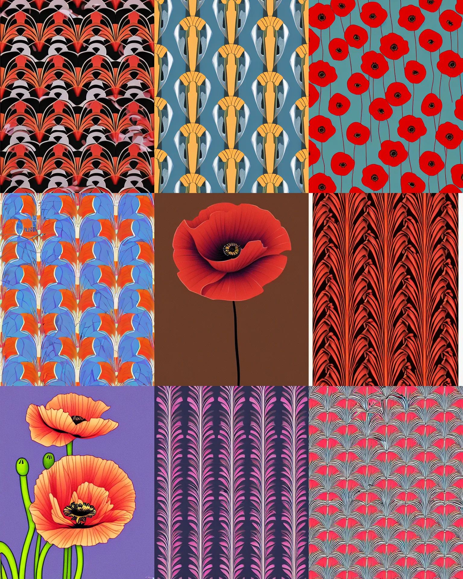 KREA - art deco poppy flower pattern by stanley artgerm, dramatic