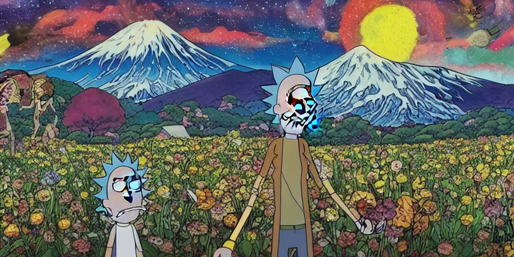 KREA Rick and morty in a Field of mixed flowers, Mount Fuji blurred