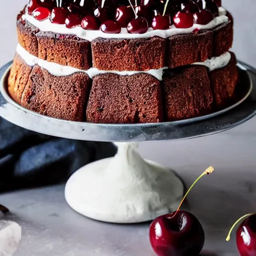 KREA A freshly baked black forest truffle cake with cherries and a