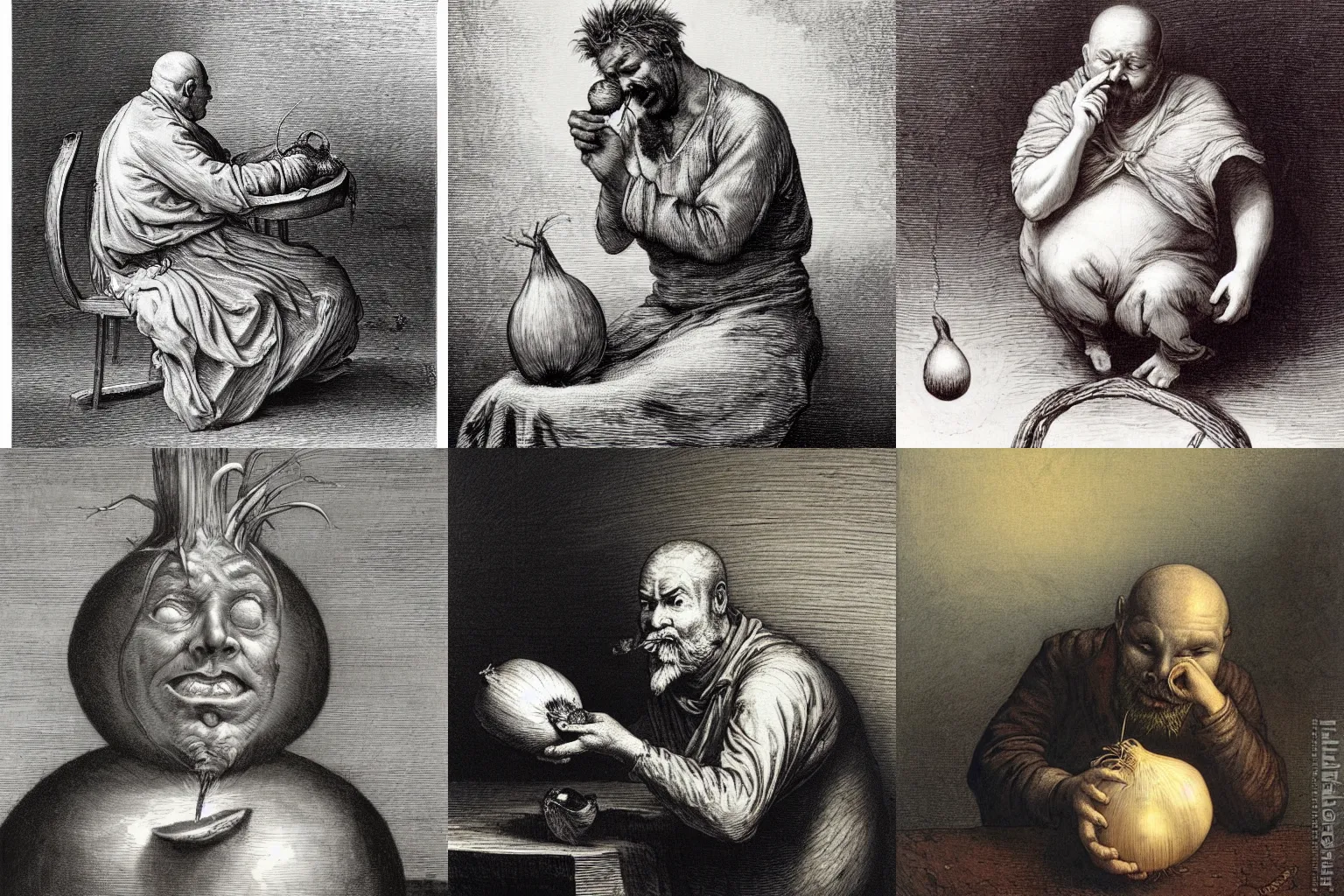 KREA the onion man eating an onion by Gustave Dore, oil painting on
