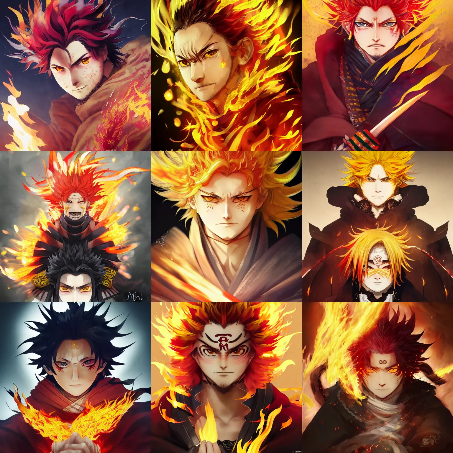 KREA - bokeh, beautiful detail, poster cover, portrait of flame hashira  rengoku kyojurou demon slayer kimetsu no yaiba, yellow flaming hair,  samurai, long white cloak with flame patterns, Akihito Yoshitomi AND Yoji