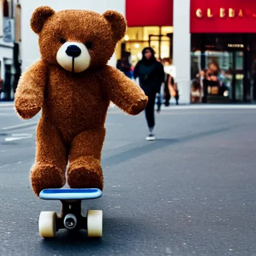 KREA teddy bear riding a skateboard in oxford street london