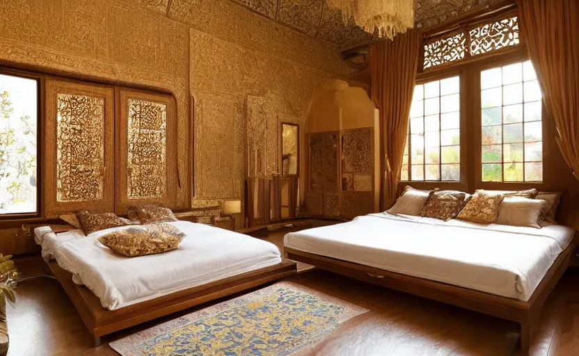 KREA an oriental persian style bedroom, minimalistic, bed, huge