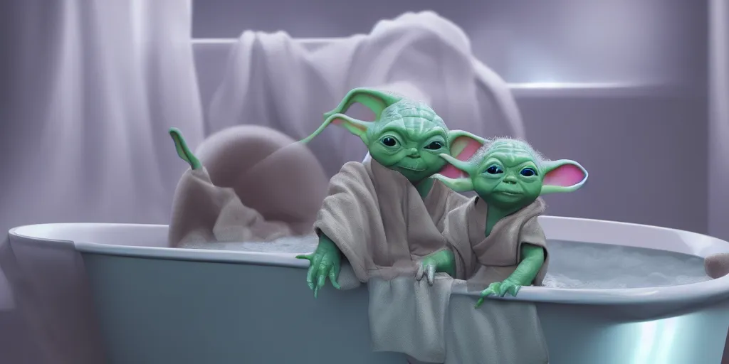 KREA Baby Yoda sitting in a tub taking a bubble bath, hyperdetailed