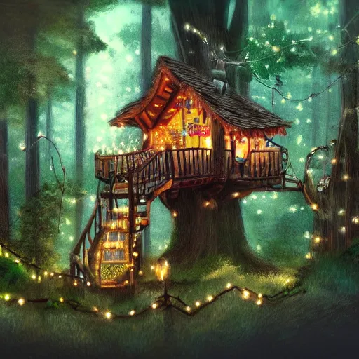 KREA detailed concept art of a cozy treehouse with fairy lights, in a