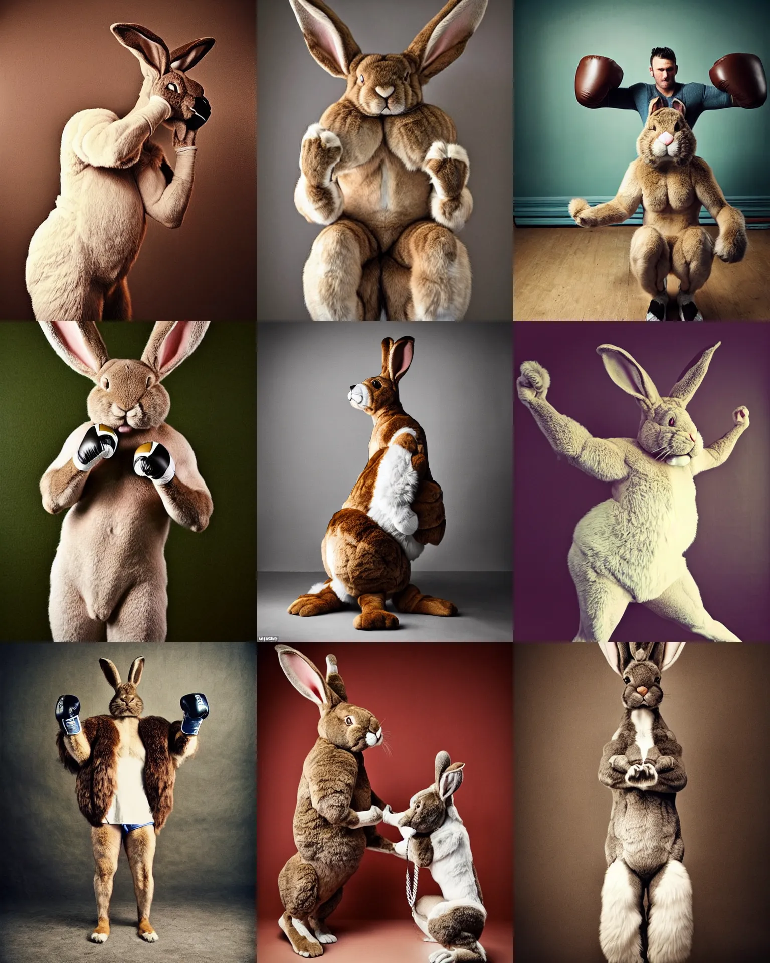 KREA winning pose !! giant oversized furry muscular rabbit boxer champion !! with big ears