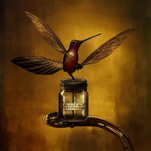 KREA a mechanical hummingbird in a jar. golden hour. matte painting