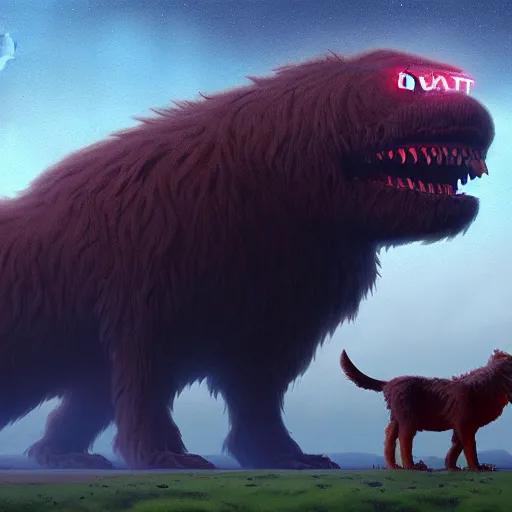 KREA giant furry creature lurking over a cowering smaller creature, in the foreground a small