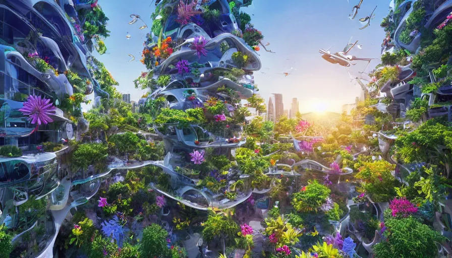 prompthunt: Sunrise over solarpunk city, vines, many trees and plants,  futuristic flying vehicles and drones, archdaily, architectural digest,  busy streets filled with people, sun rays, colorful blooming flowers,  vertical gardens, utopia, beautiful