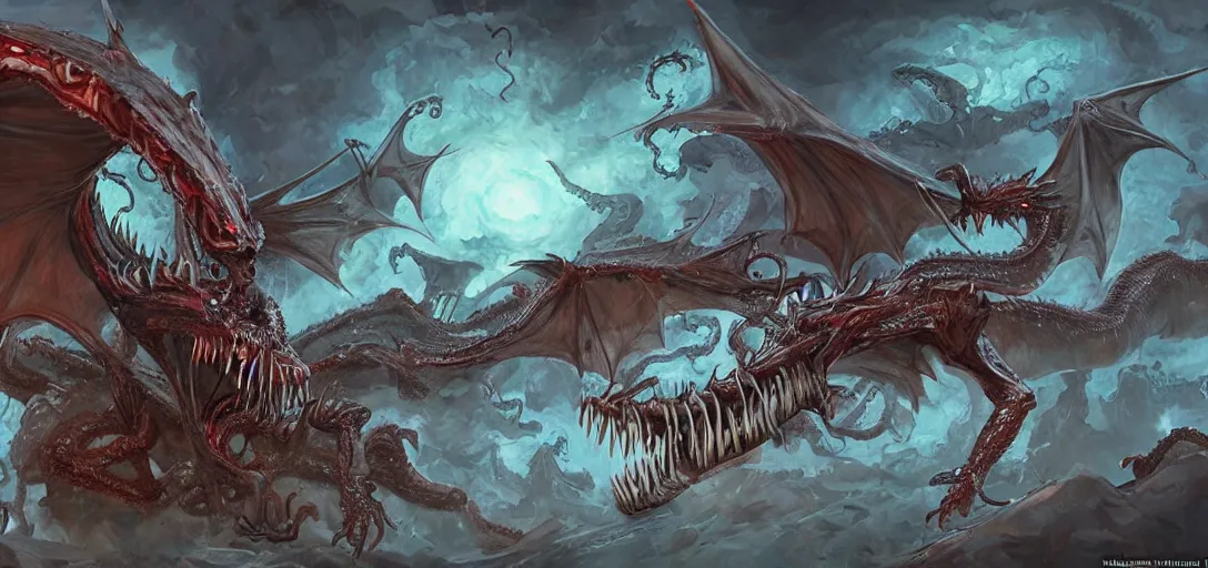 KREA - concept art of dragon attack, lovecraftian, lots of teeth