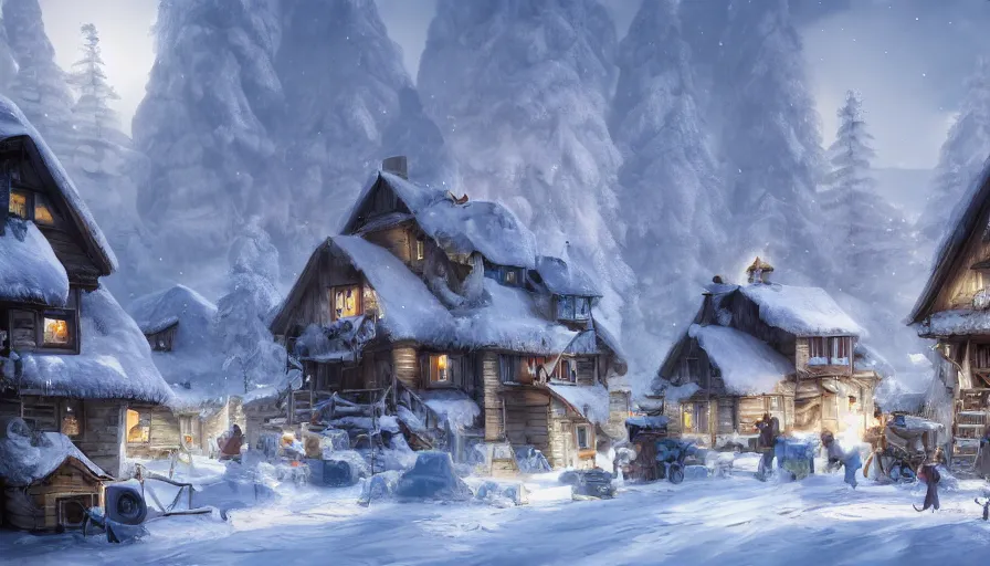 KREA snowy village under tons of snow built in snowy mountains in