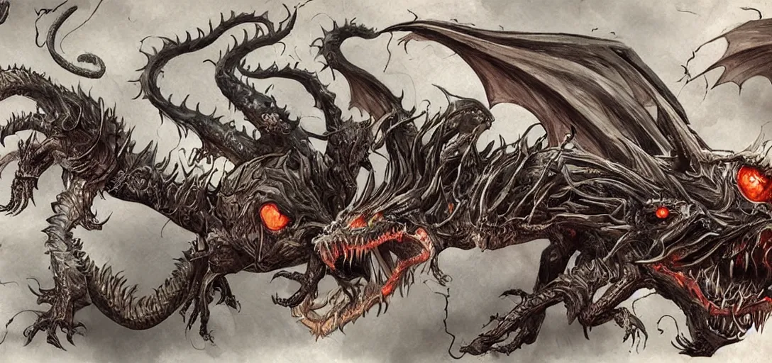 concept art of dragon attack, lovecraftian, lots of teeth, melting