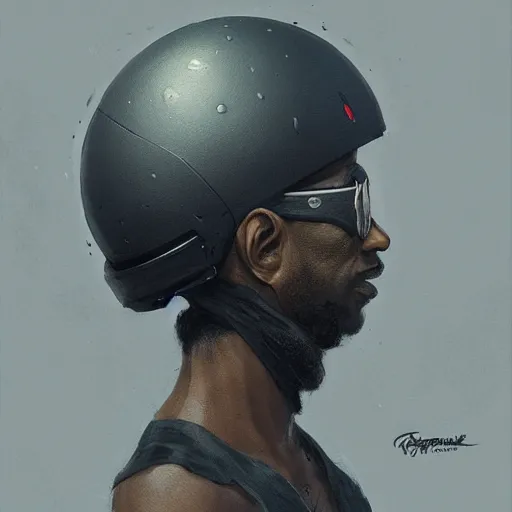 KREA side portrait of a goofy looking black guy with a melon helmet
