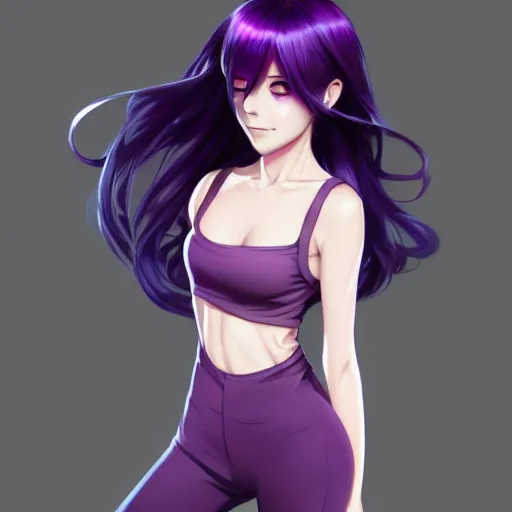 beautiful anime girl, hourglass slim figure, purple hair and attractive features, tight fitted tank top, full beautiful anime girl, hourglass slim figure, purple hair and attractive features, tight fitted tank top, full