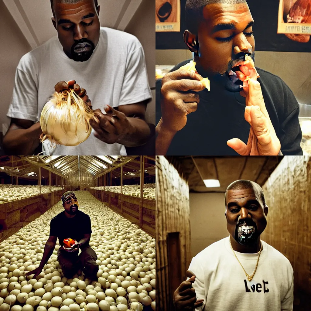 KREA Kanye West biting into an onion inside a spacious room filled to