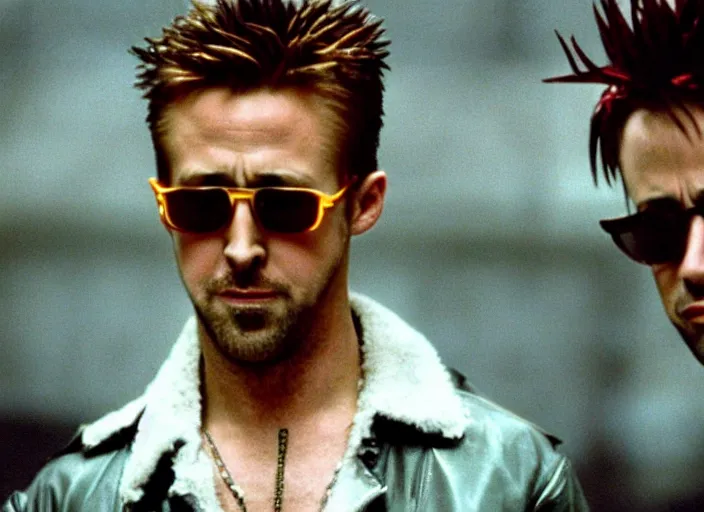 KREA film still of Ryan Gosling as Tyler Durden wearing big fur coat