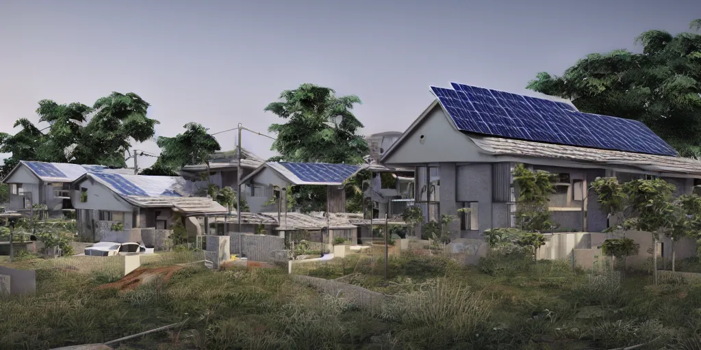 KREA hypermodern grid village connected houses with solarpanels