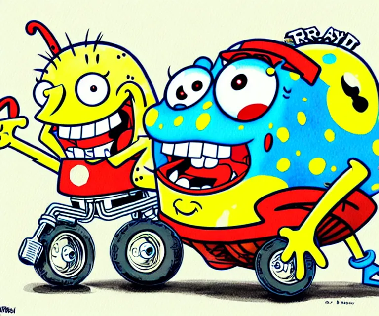 KREA cute and funny, mr. krabs, spongebob, wearing a helmet, driving