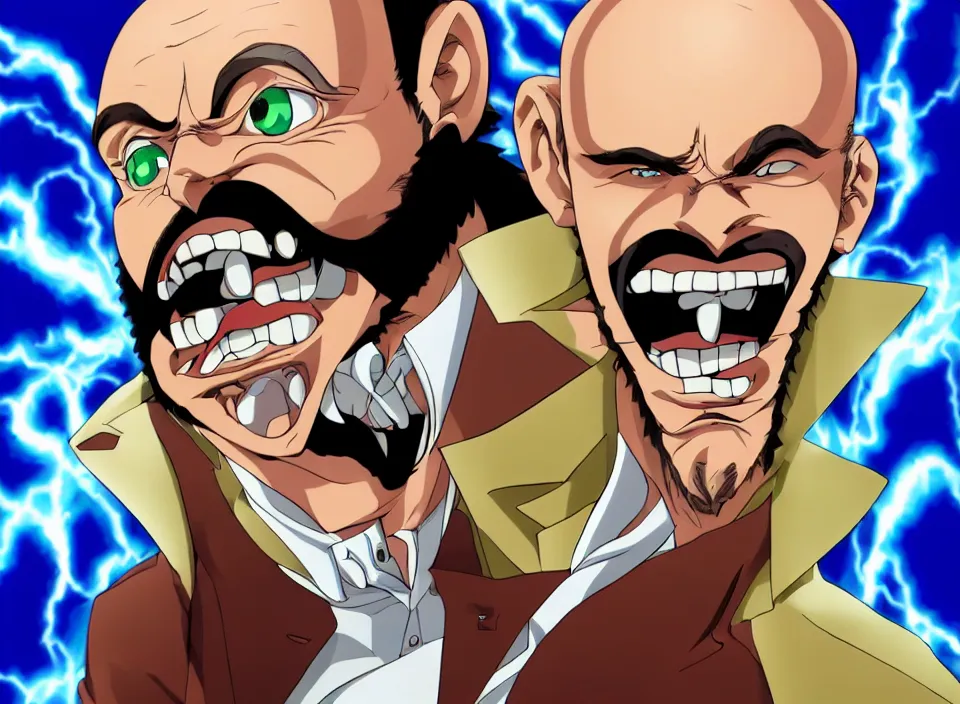 KREA In the style of JoJos Bizarre Adventure Wide shot of a handsome bald italian scientist