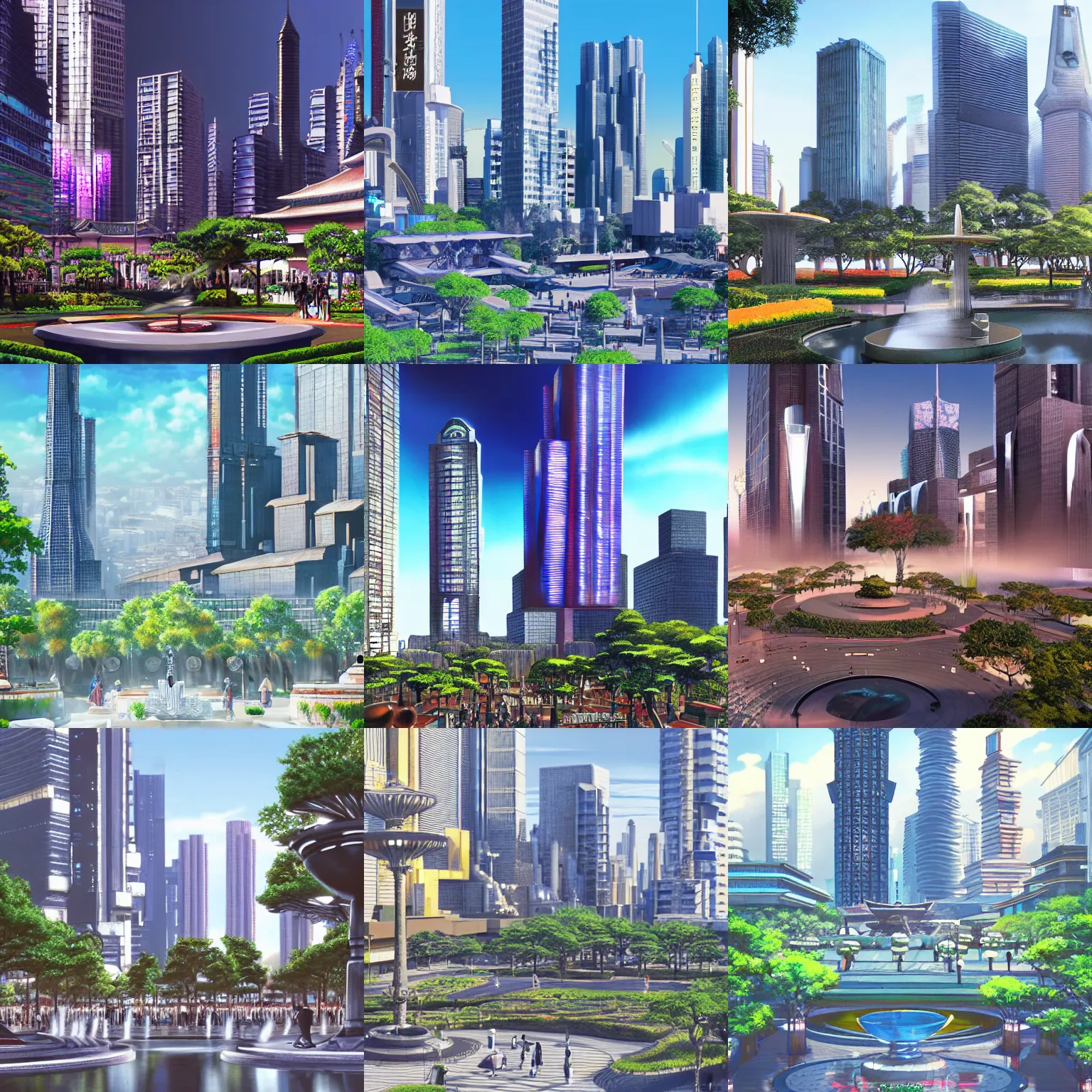KREA plaza with water fountains, neo tokyo, futuristic and traditional japanese buildings
