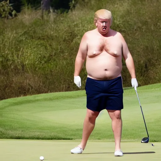 KREA shirtless fat donald trump playing golf, wearing only undies