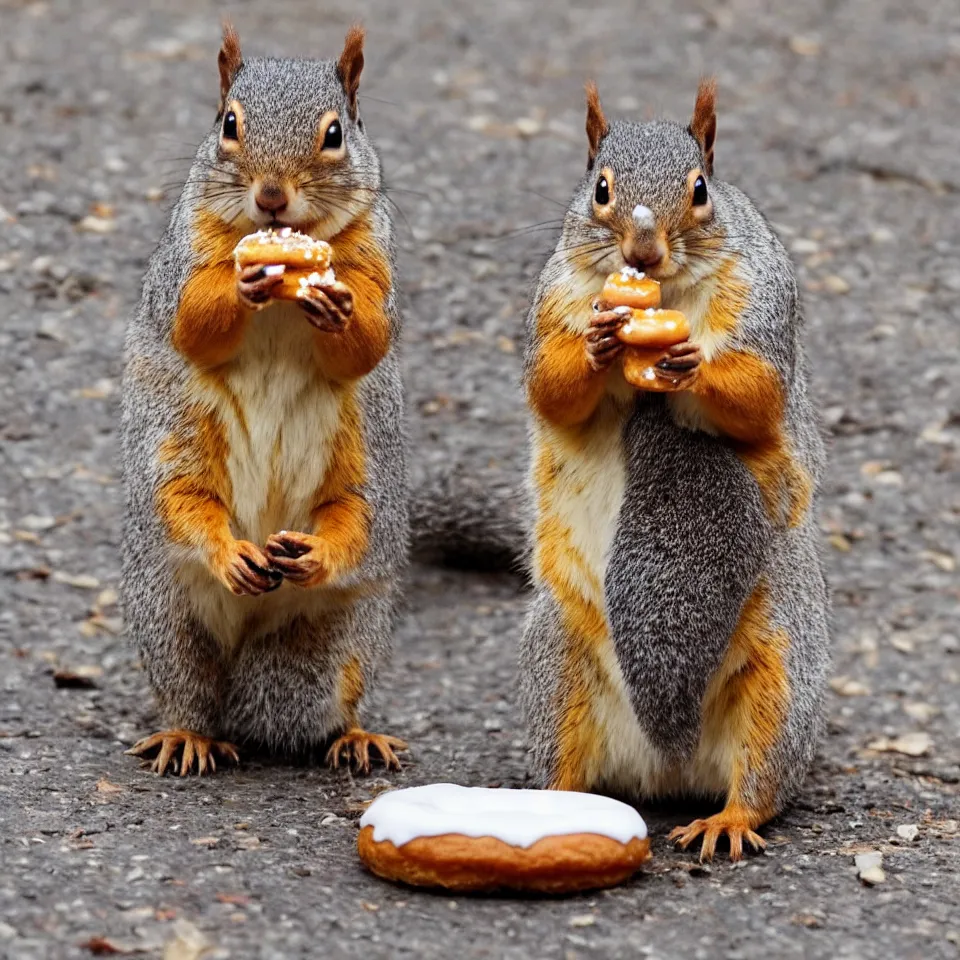 KREA A really fat squirrel eating a donut