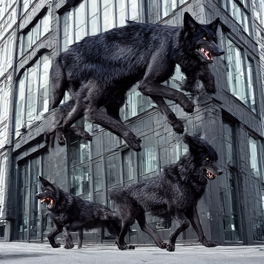 KREA photograph of a giant black wolf taking a bite out of a building