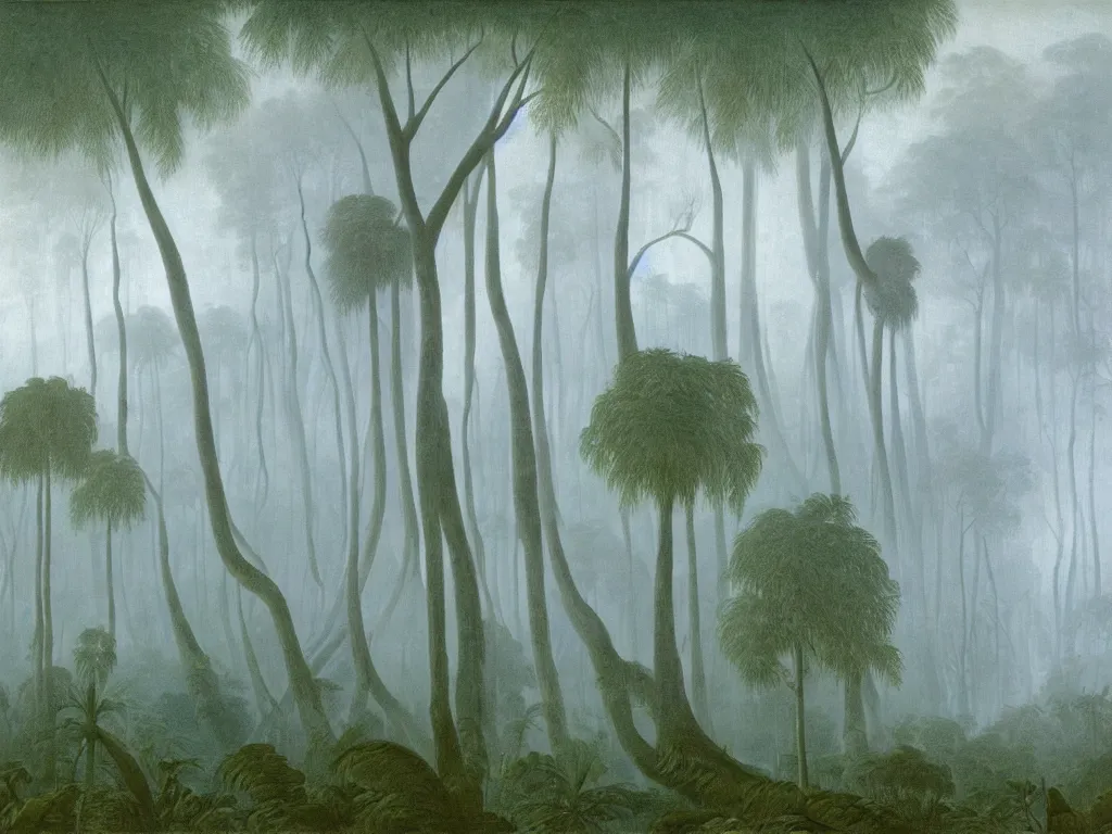 KREA Fog passing through a forest full of giant extinct exotic plants, palms, banyan trees