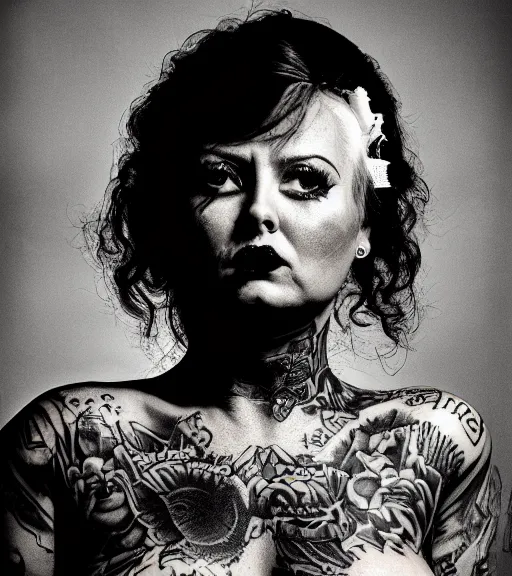 KREA portrait of a pinup, 3 0 yo, angry look, tattoos, dark