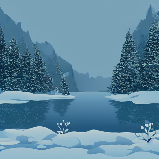 A lake between mountains, winter, snow is falling, cartoon, 2D A lake between mountains, winter, snow is falling, cartoon, 2D
