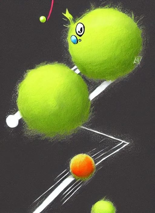 KREA tennis ball monsters playing tennis, a tennis ball monster