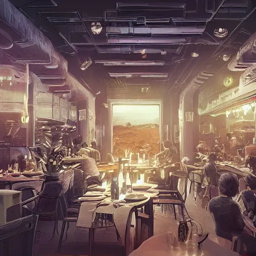 The restaurant at the end of the universe. Dramatic setting, intricate art, trending on artstation