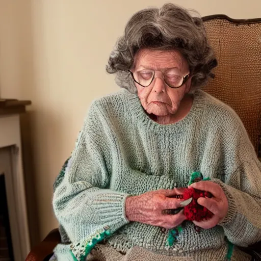 KREA an old woman knits a sweater made out of writhing worms in a