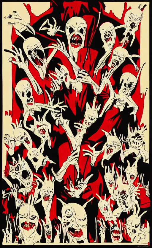 KREA horrorcore cel animation poster depicting gory murderous