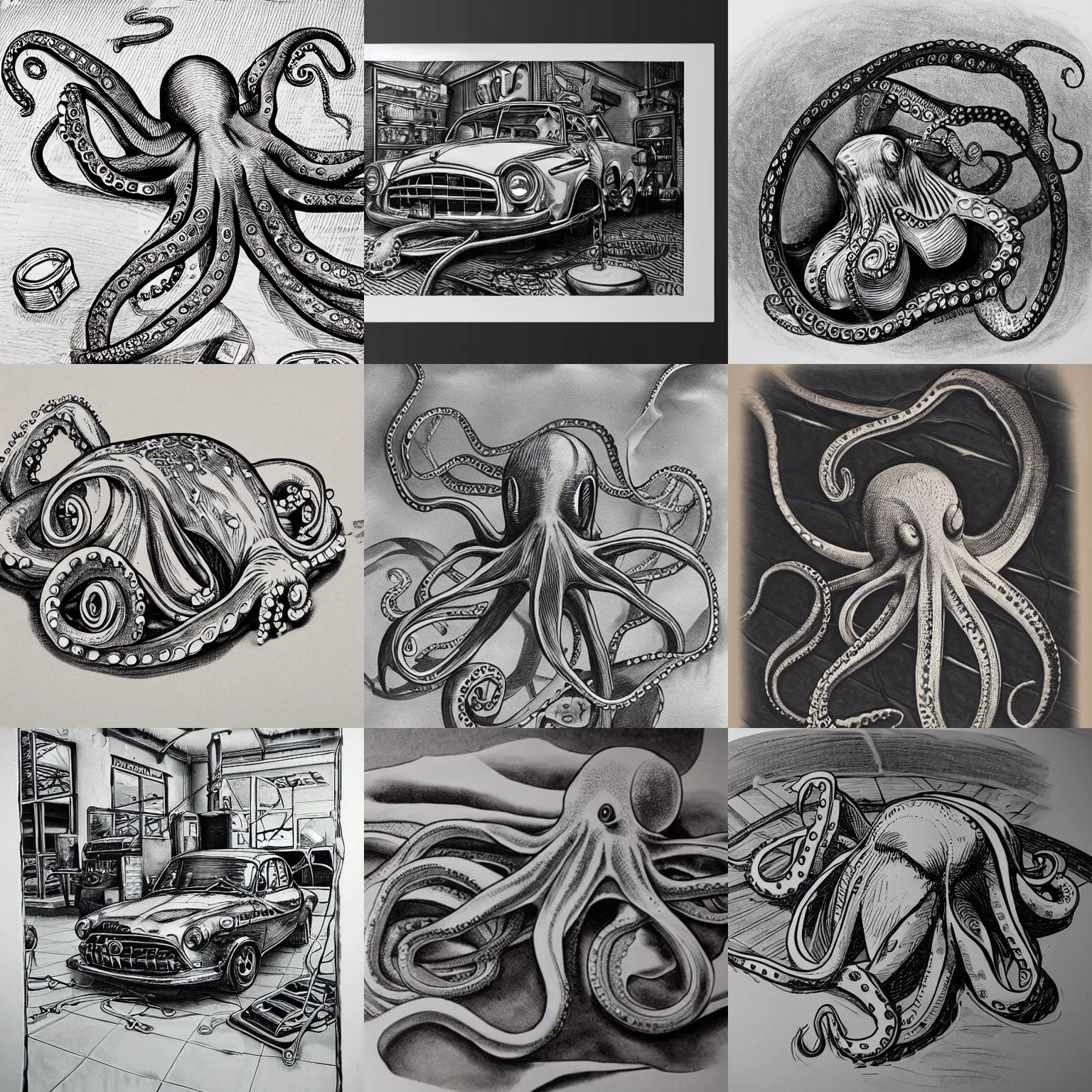 KREA a realistic octopus in a car repair shop, engraving, ink, sempe